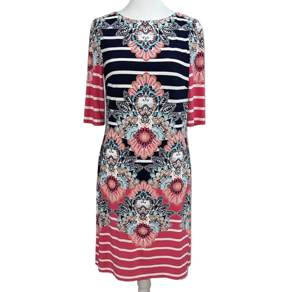 Eliza J Sheath Dress Womens 2 Pink Navy Blue Floral Medallion Striped 3/4 Sleeve